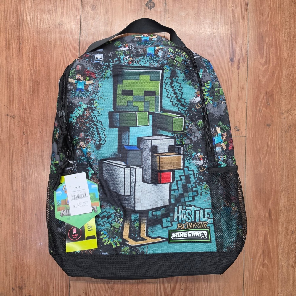 Minecraft Hostile Behaviour 19 Inch Backpack Zombie Riding Chicken Teal Black